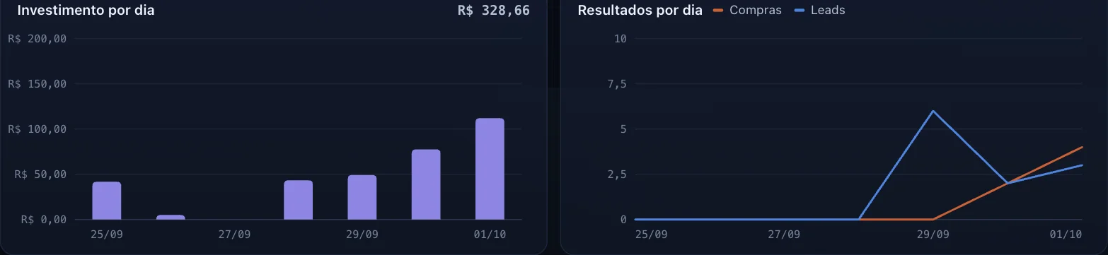 Gráficos de investimento por dia e de vendas e contatos por dia